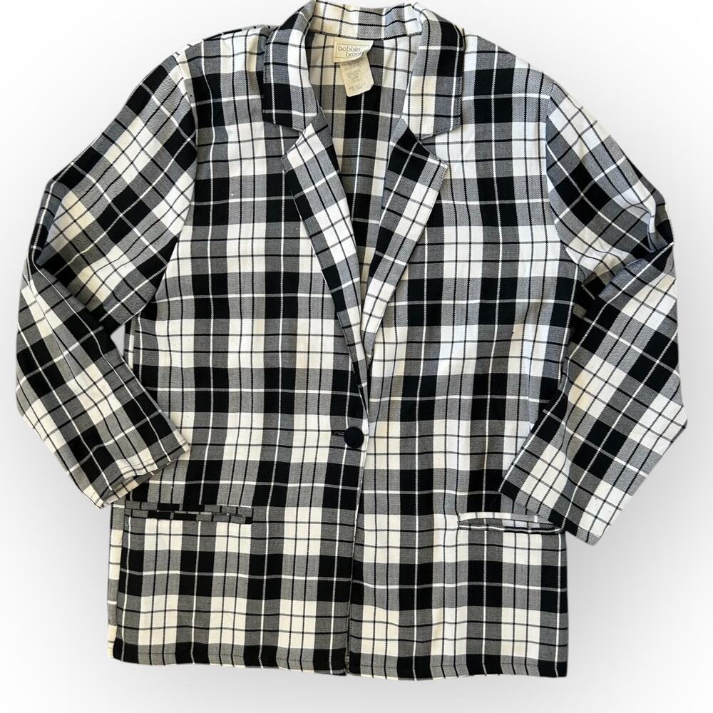 Vintage 90s Bobbie Brooks Oversized Plaid Blazer Black Cream Womens 12/14 Preppy